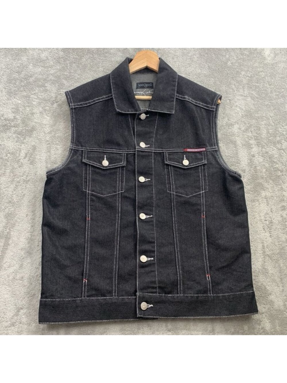 Vintage Jordache Jeans Denim Vest Mens Medium Black Pockets Y2K Grudge